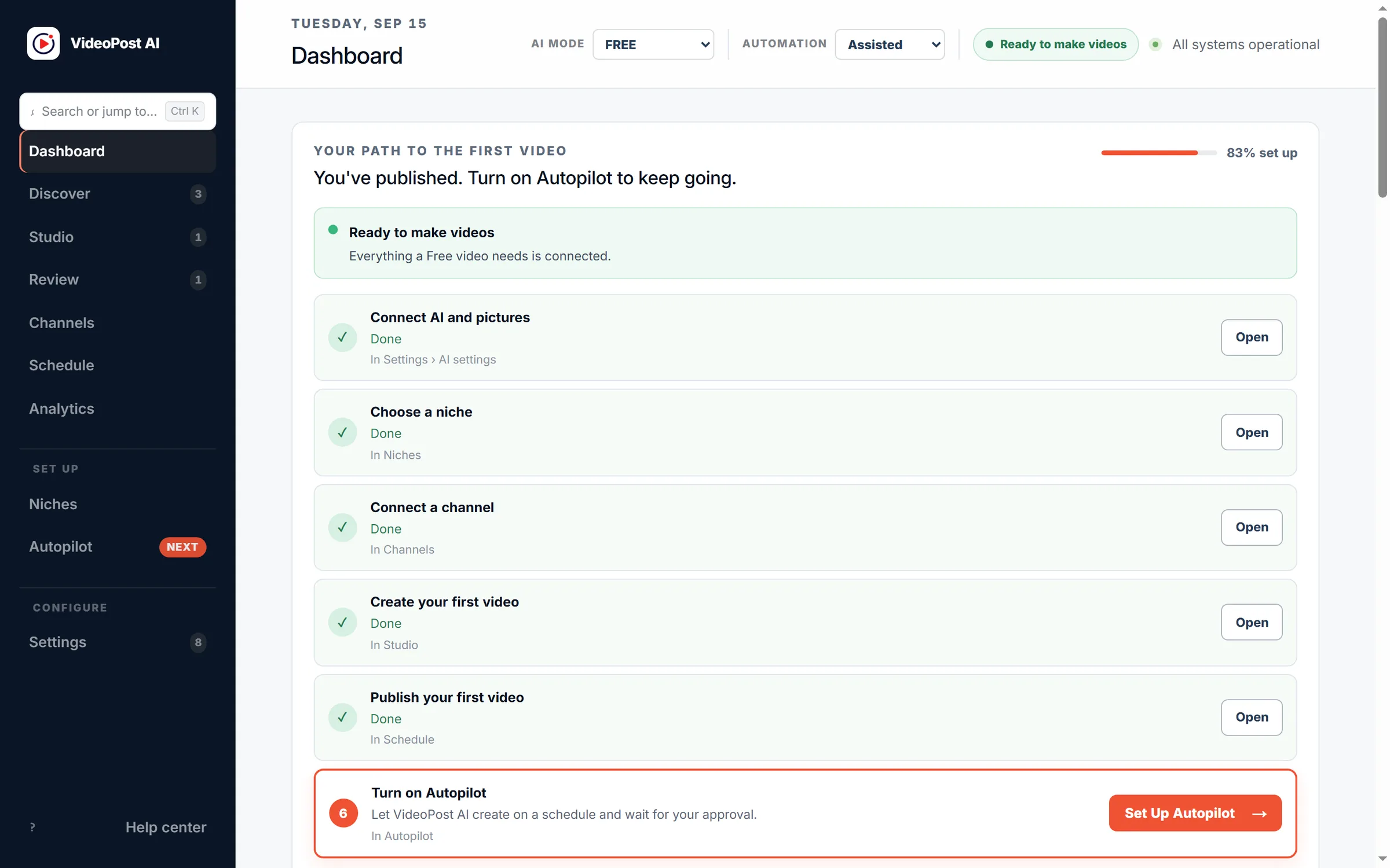 VideoPost AI Dashboard screen