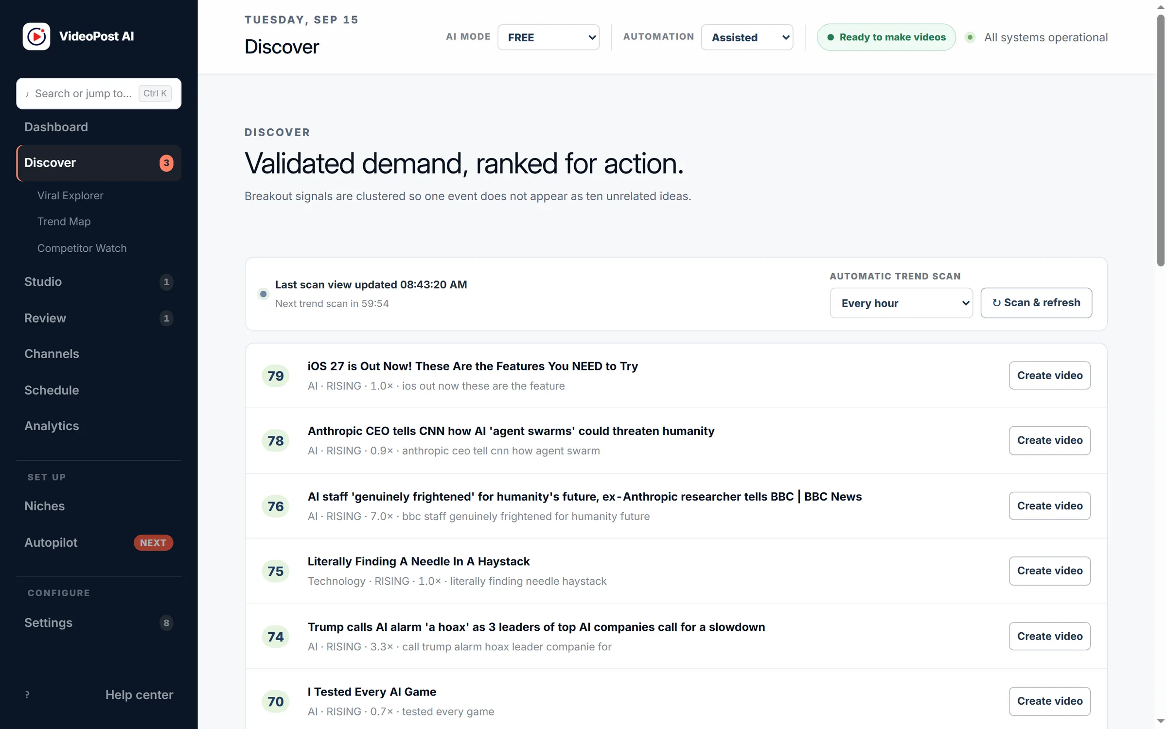 VideoPost AI Discover screen