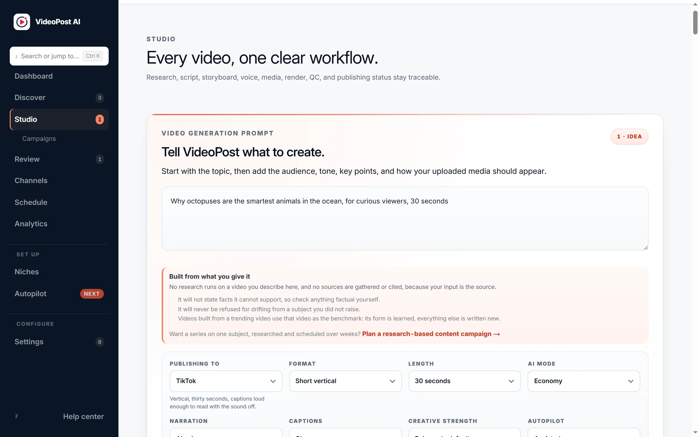 VideoPost AI Studio prompt screen