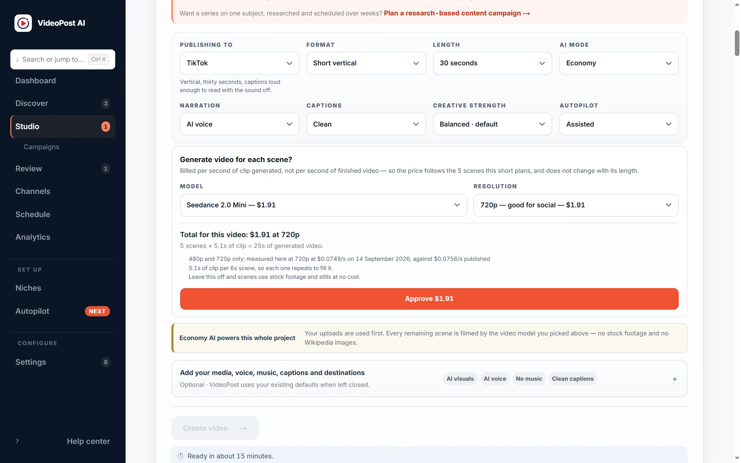 VideoPost AI Studio cost approval screen