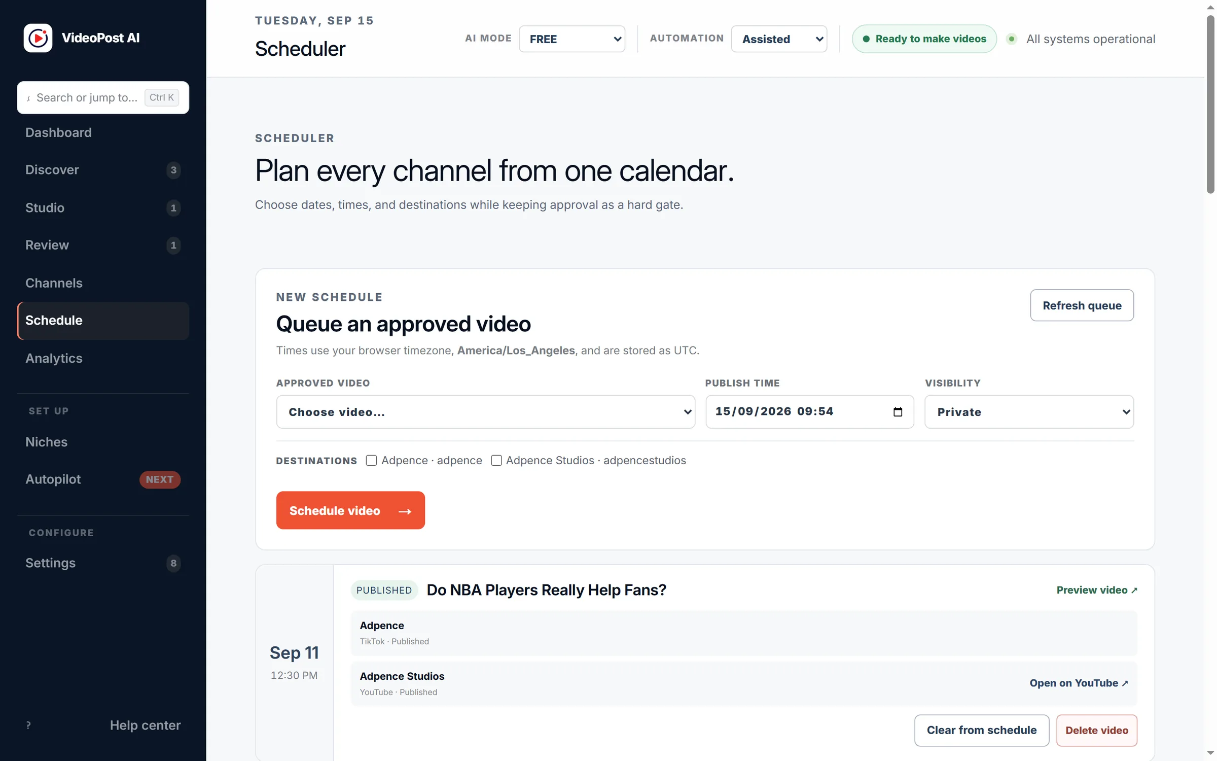 VideoPost AI Schedule screen