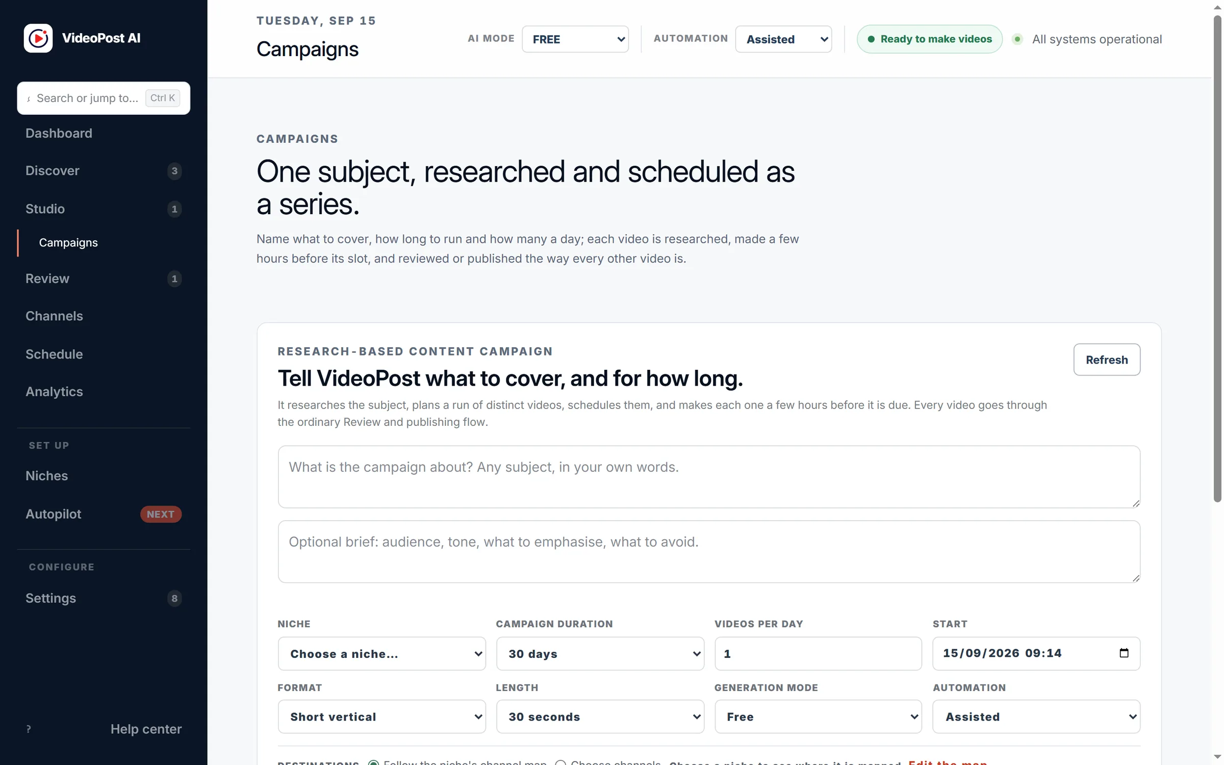 VideoPost AI Campaigns screen