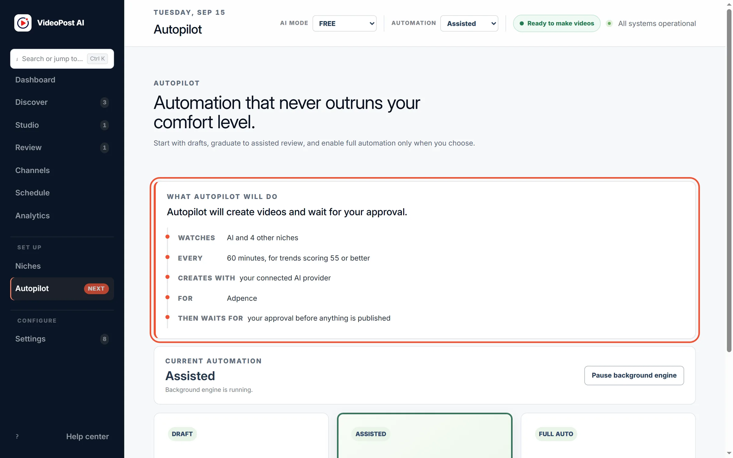 VideoPost AI Autopilot screen