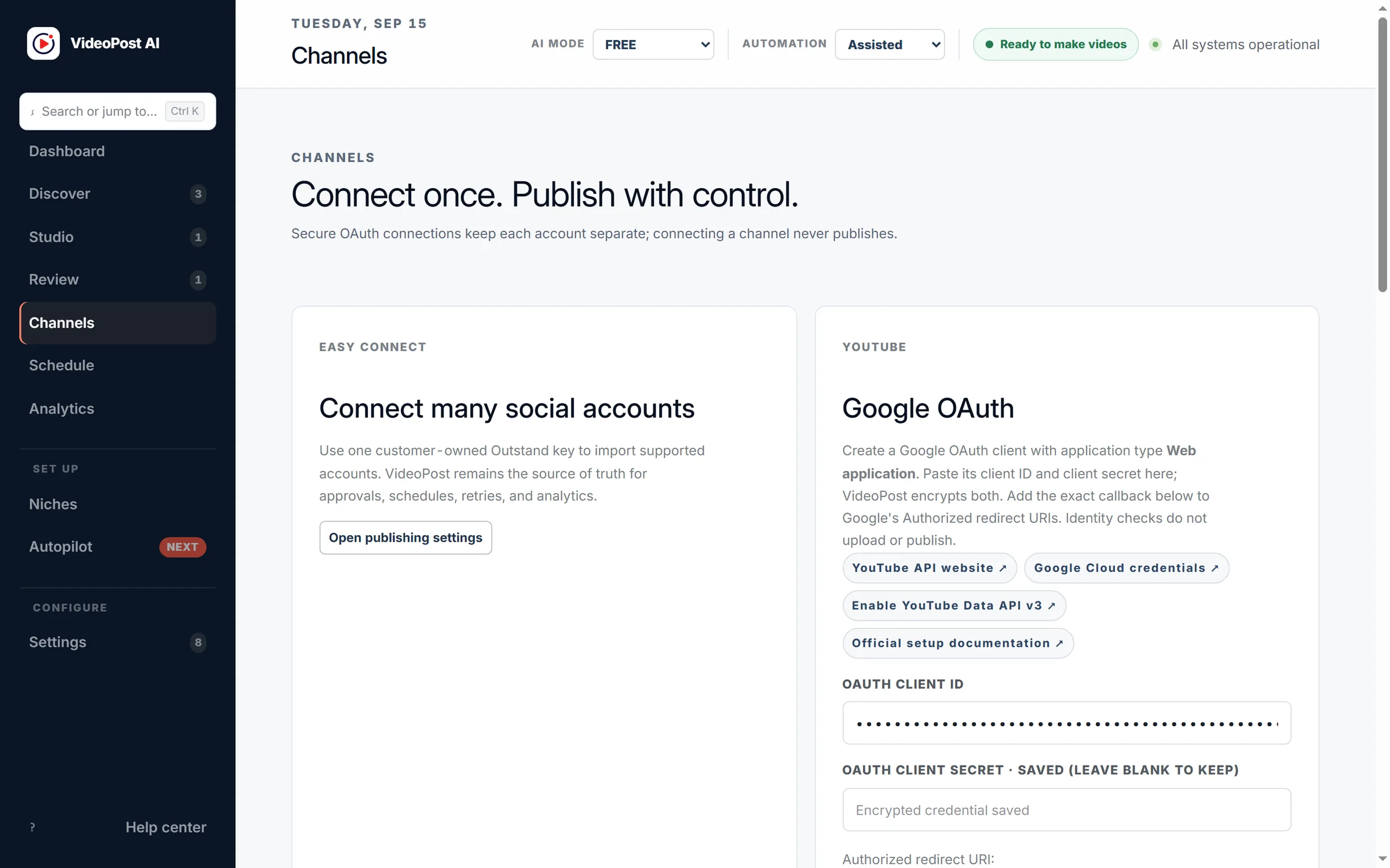 VideoPost AI Channels screen