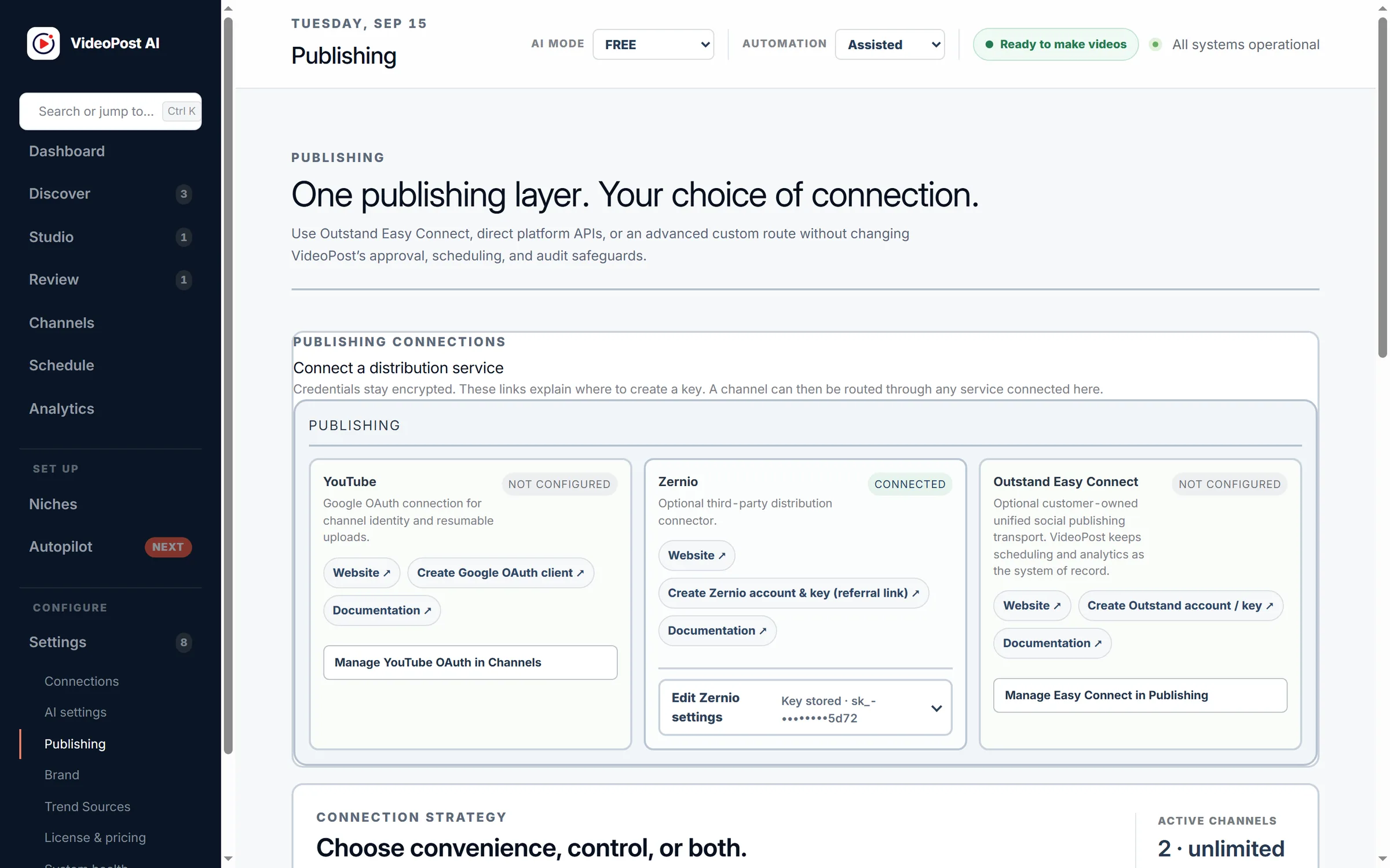 VideoPost AI Publishing settings screen