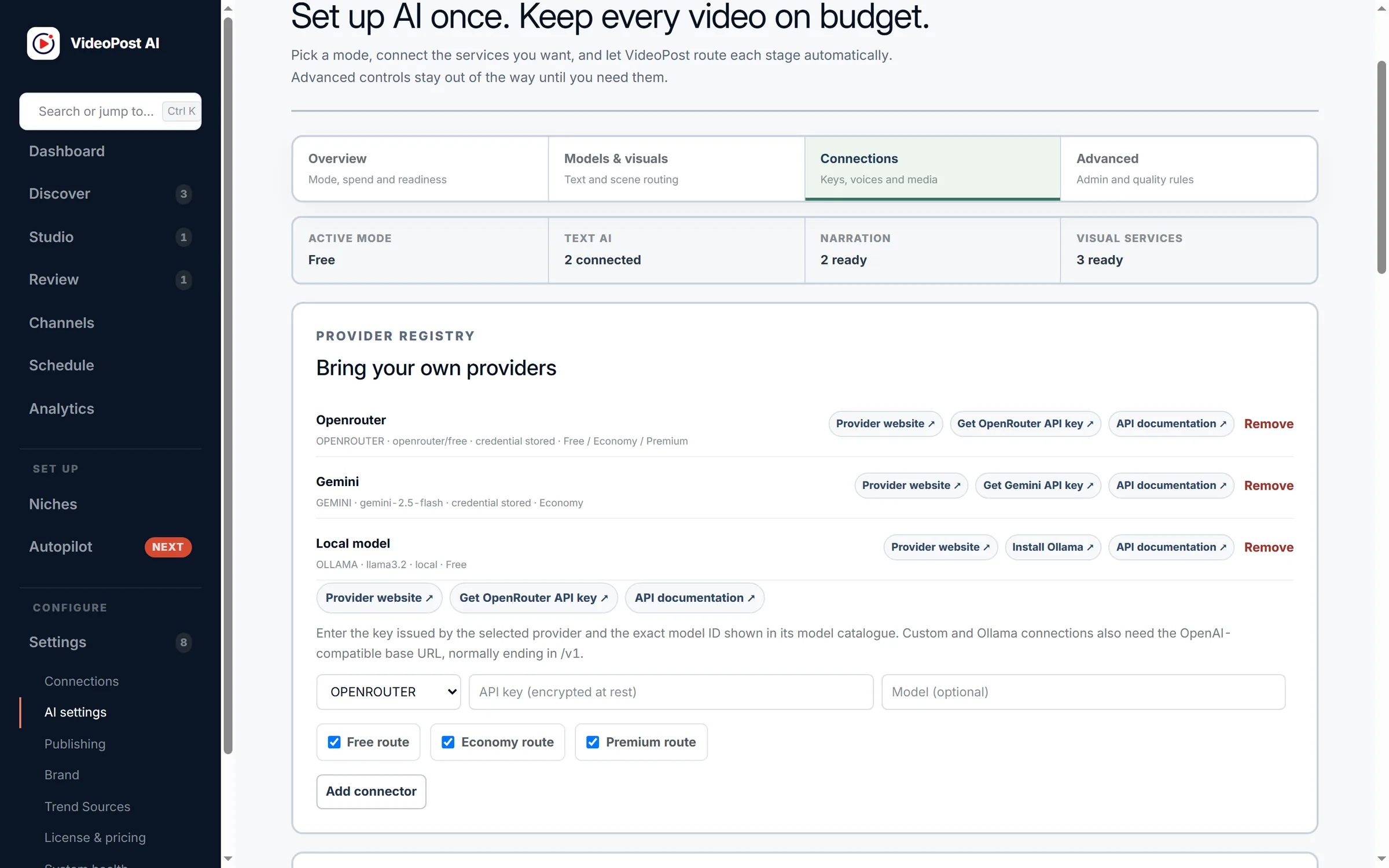 VideoPost AI AI settings screen