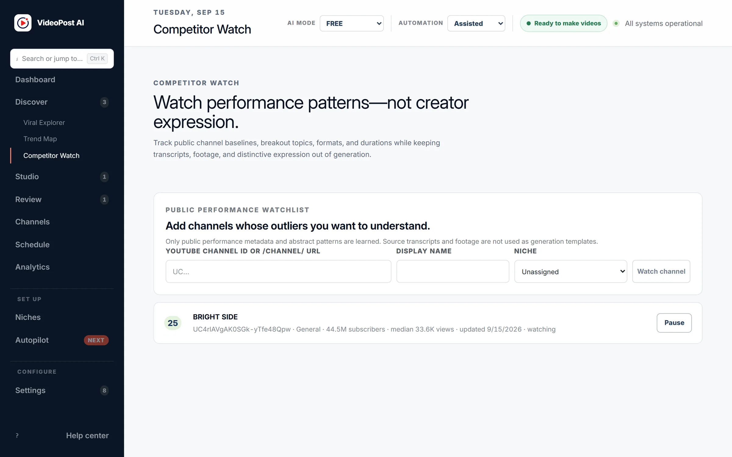 VideoPost AI Competitor Watch screen